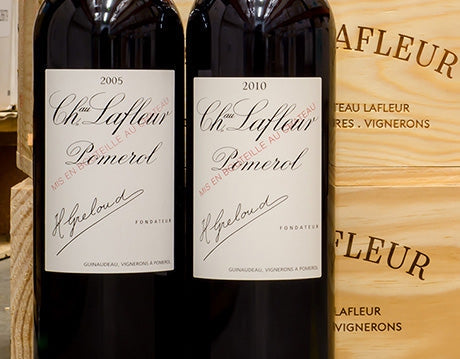 Seductive 2005 and 2010 Chateau Lafleur in the original wood cases.