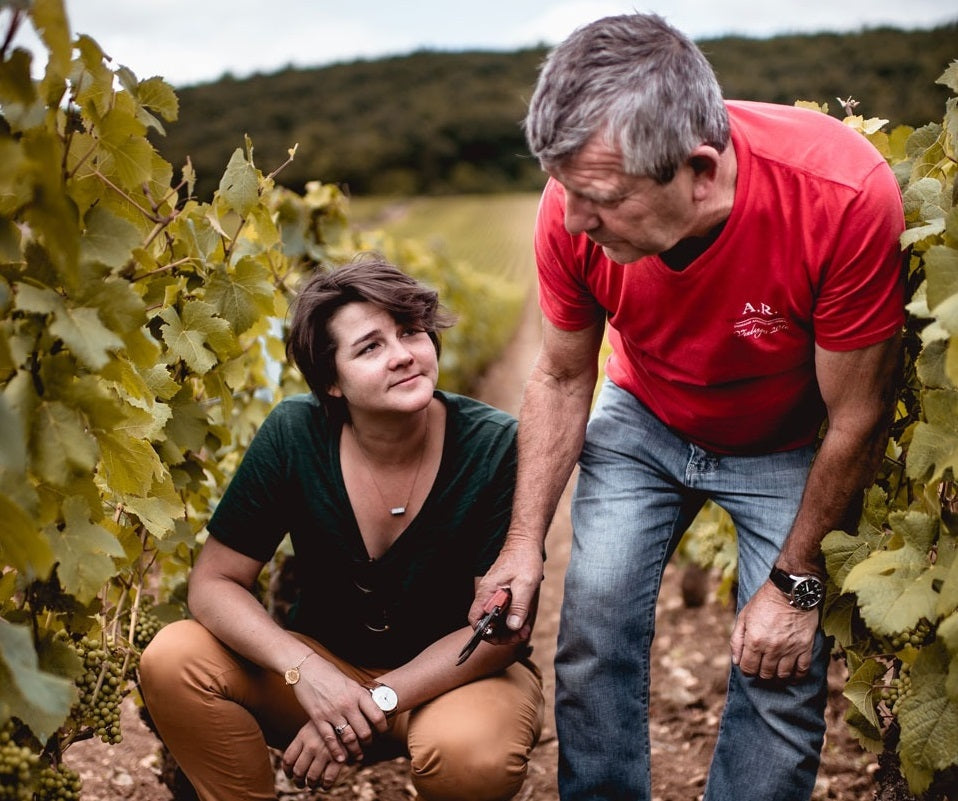 Cyrielle and Eric Rousseau in the vineyards of Domaine Armand Rousseau Pere et Fils
