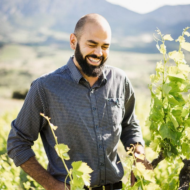 Christophe Marin standing in his vineyard in Maury.
