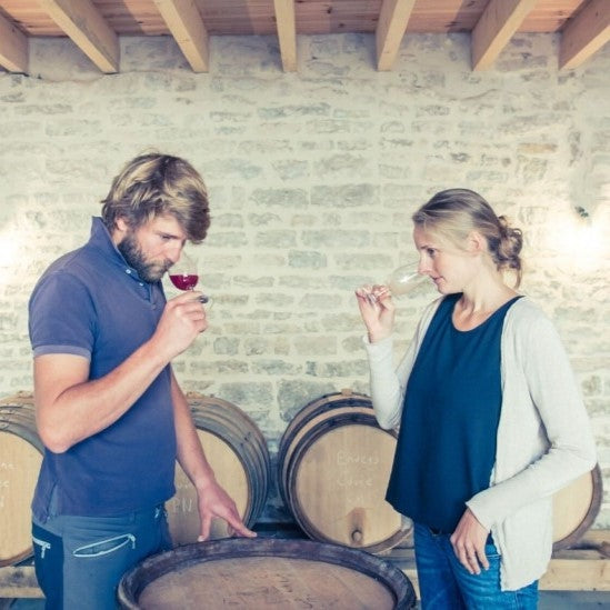 Hannah and Raphaël Piconnet-Boesel in the cellar