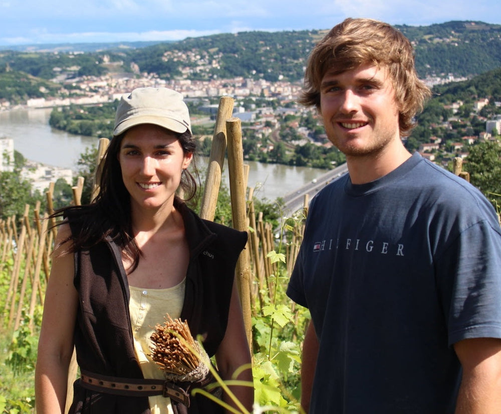 Sophie Eymin and Kevin Tichoux standing in Le Truchet, Cote Rotie.